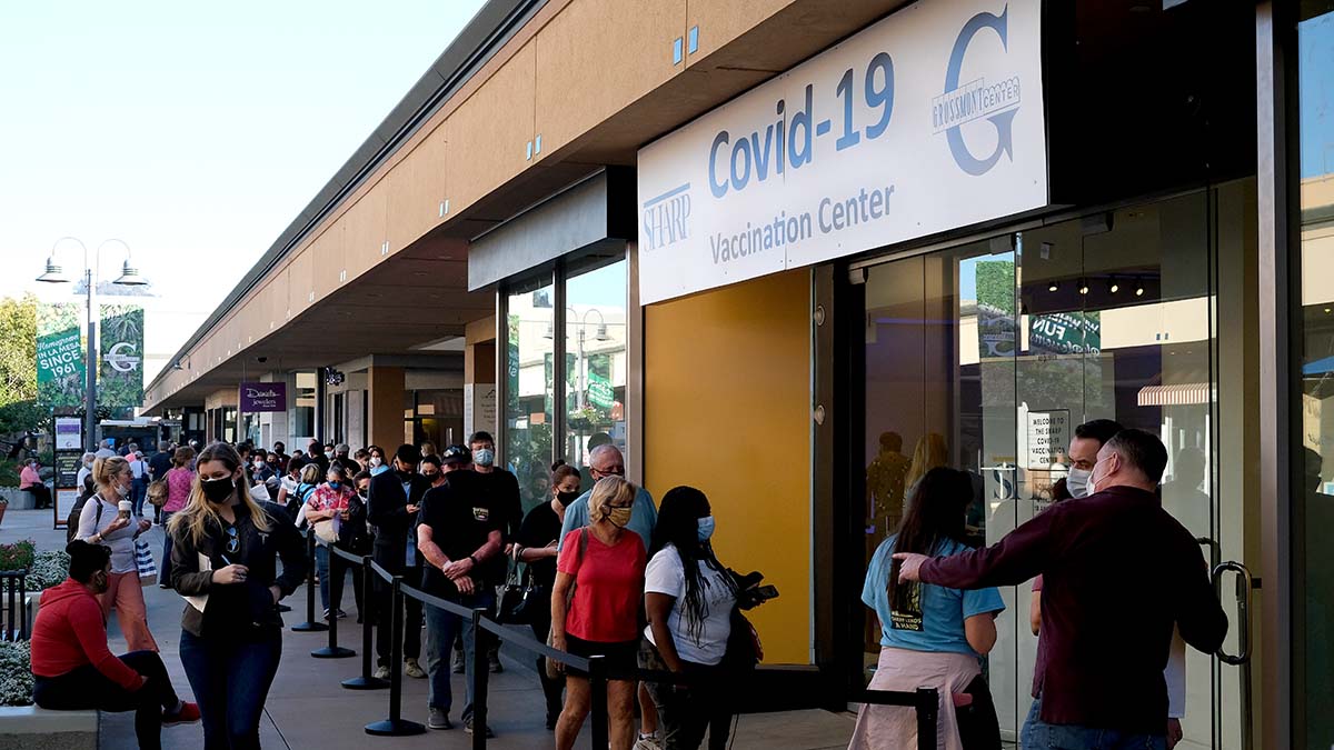 People with appointments line up at the Sharp Covid-19 vaccination supersite at Grossmont Center in La Mesa.